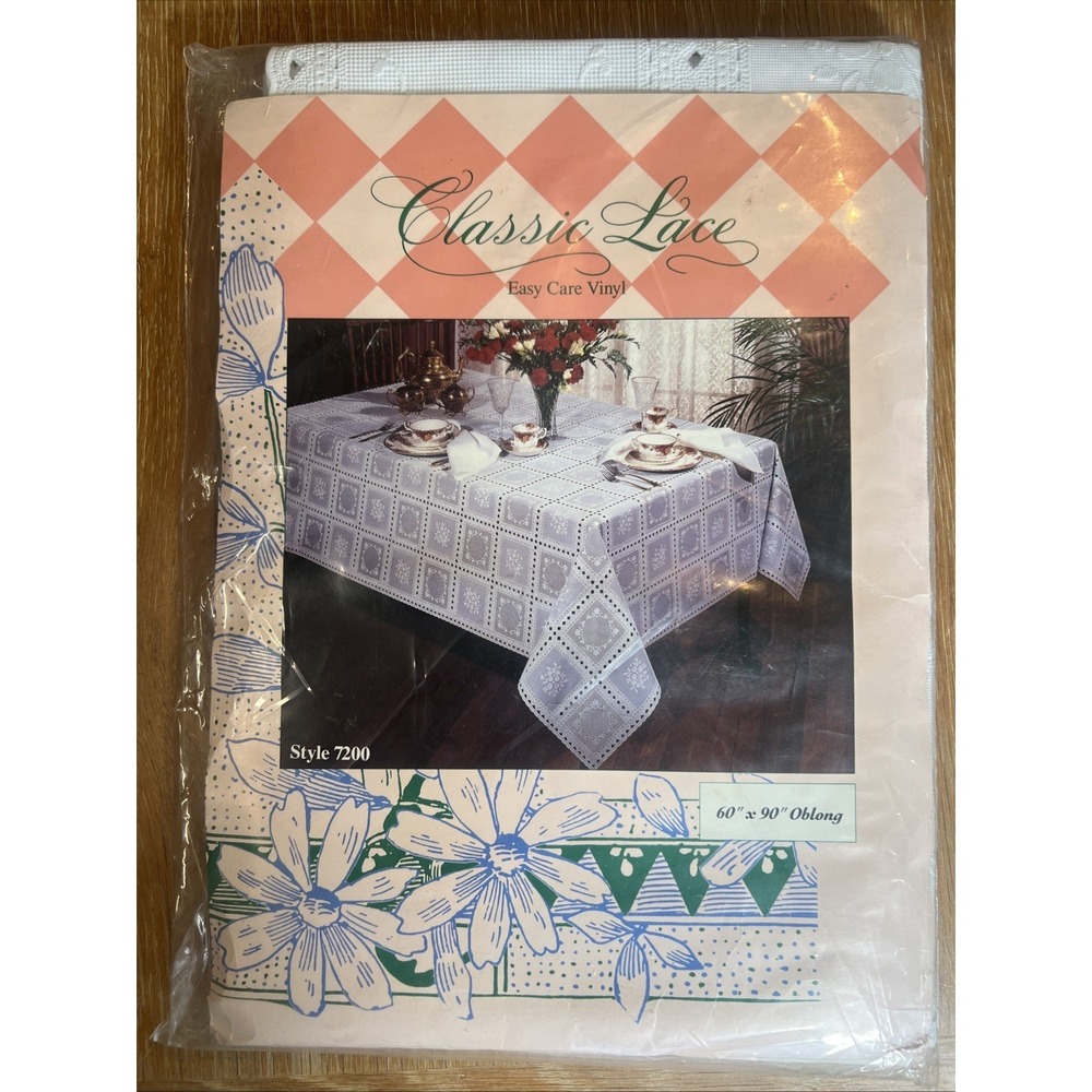 NEW‎ NOS Elrene Princess LACE LOOK VINYL Tablecloth Floral 60"x90" OBLONG White